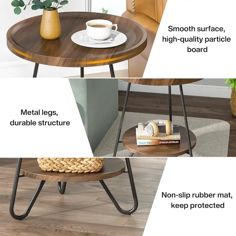 Round Side Table, Wooden End Table, 2-Tier Sofa Side Table with Metal Legs