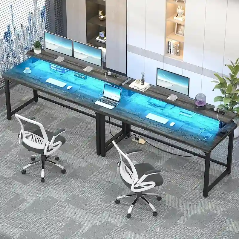 55 Inch Computer Desk with Socket and LED Light,Home Office Desk with 1.5 inch Thickened desktop,Writing Study Gaming Table