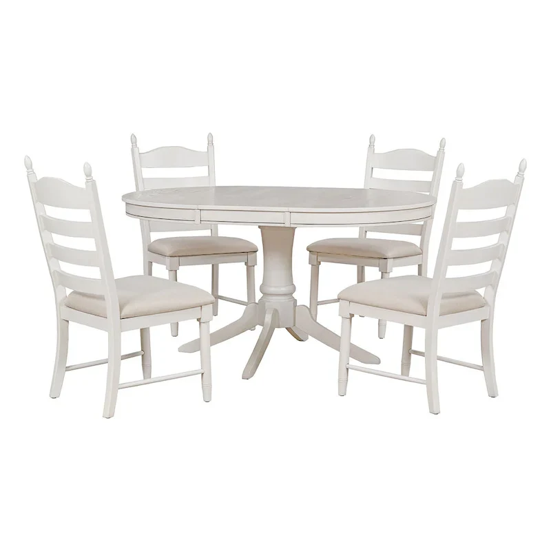 5 Piece Round Dining Table Set, Solid Wood Kitchen Table and Chair Set with Extendable Table and 4 Upholstered Chairs