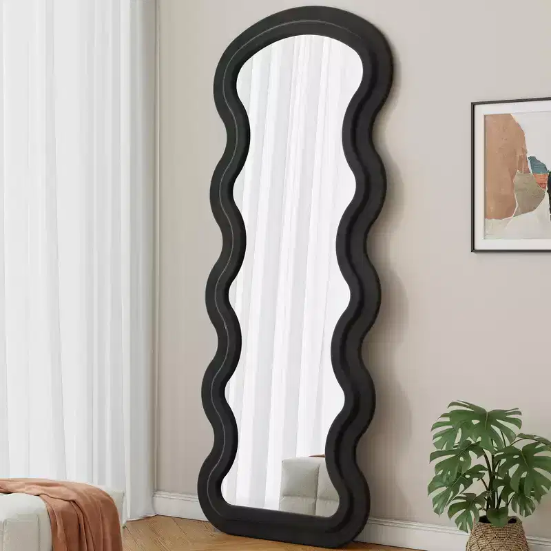 Whisen Flannel Wavy Full-Length Mirror with Soft Padded Wooden Design, Irregular Floor or Wall Mirror, 3 Colors