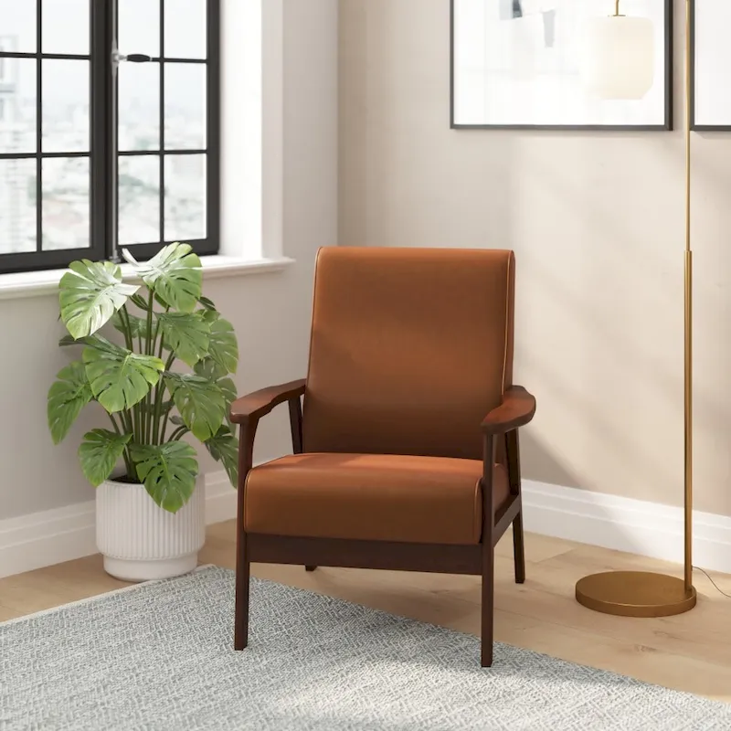 Mid-Century Modern Armchair with Wooden Frame and Faux Leather Cushions