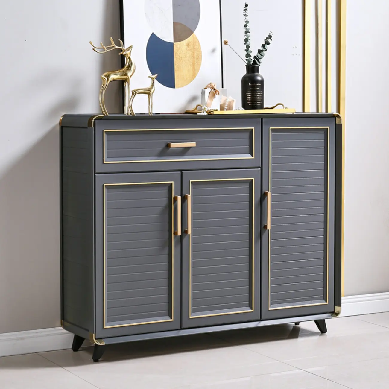 Luxury Grey Metal Entryway Shoe Cabinet with Gold Trim