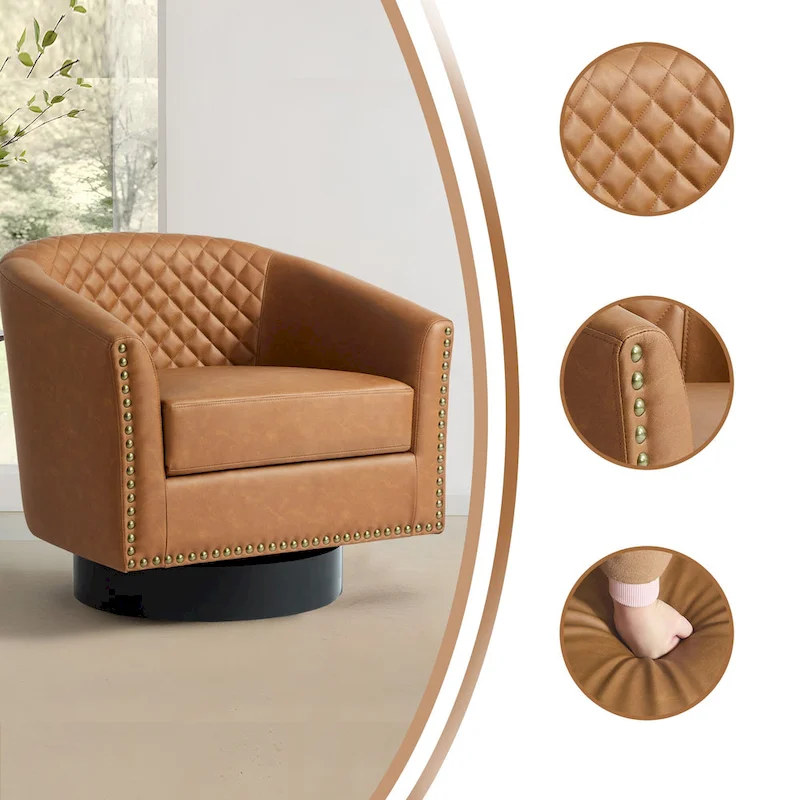Faux Leather Nailheads Swivel Barrel Chair Set of 2
