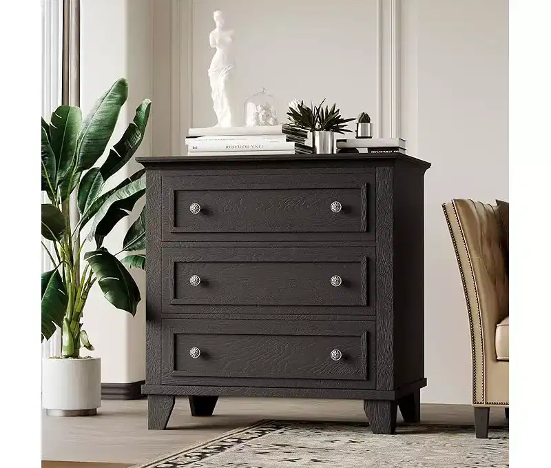3 Drawer Dresser for Bedroom, Black Wood Chest of Drawers Bedroom Dresser, Rustic Small Drawers Dressers Nightstand Wooden Closet Storage Cabinet