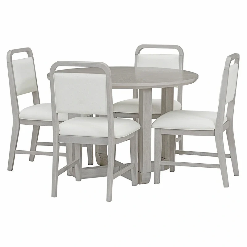 5 Piece Dining Table and Chair Set, Wooden Kitchen Dining Table Set with Round Dining Table and 4 Upholstered Chairs