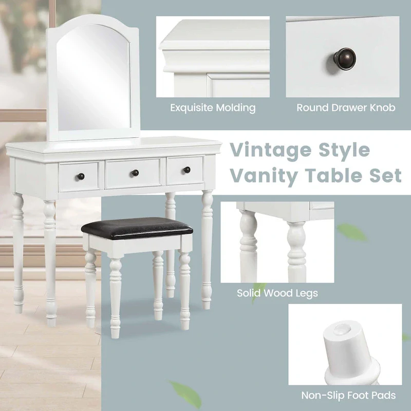 Costway Vanity Table Set Makeup Desk Cushioned Stool 3 Drawer Large - See Details