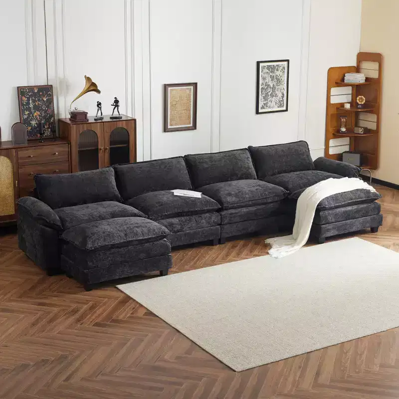 Karl Home |155 in. W Pillow Top Arm Double-layer Cushion Chenille Sofa in Blue With Ottoman