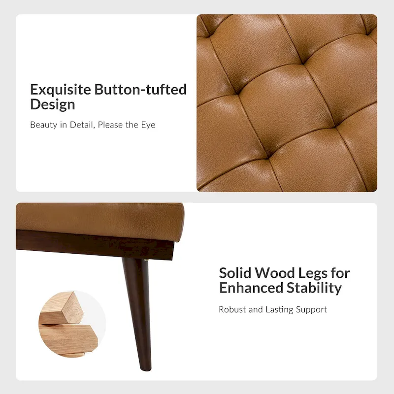 Genuine Leather Tufted Bench with Solid Wood Base