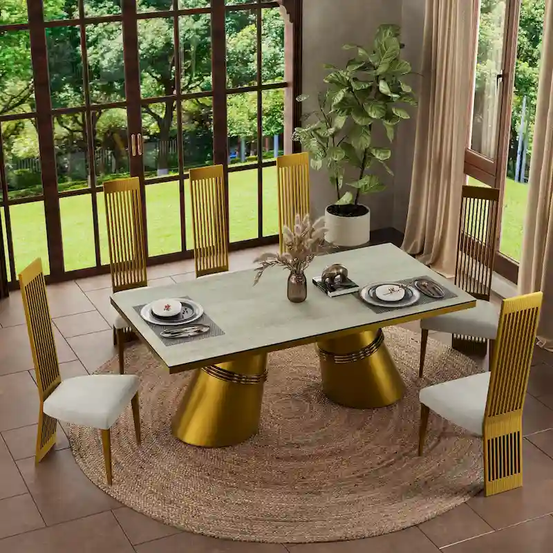 Brushed Gold Dining Table with 78 inch Glass Top and Tapered Barrel Base