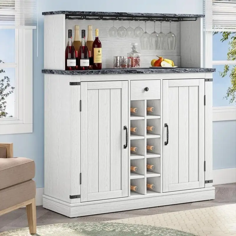 Buffet Bar Cabinet with Wine Rack - 10-Bottle Storage (Grey/White)