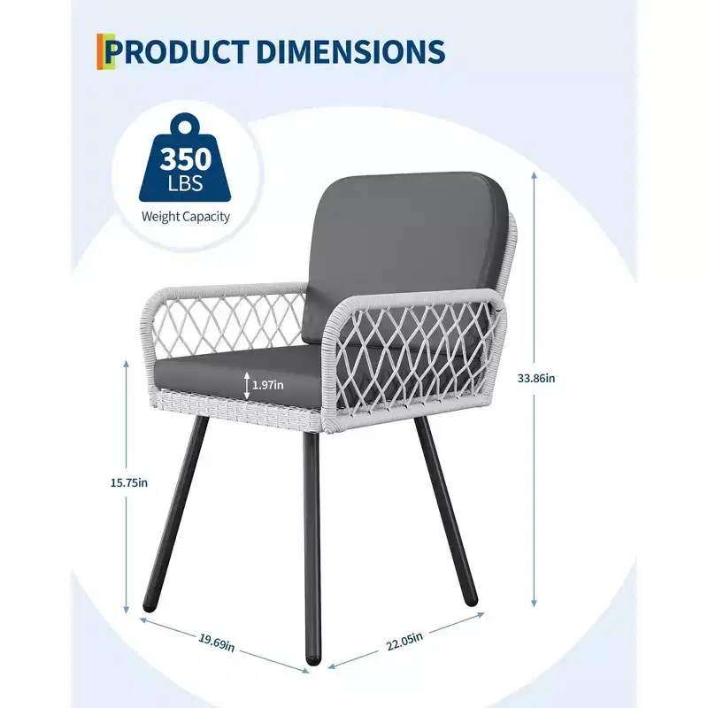 Set of 2 Modern Patio Dining Chairs,Black Metal Frame & White HandWoven Rattan Armchairs with Cushions for Indoor, Garden, Balcony, Deck, Backyard