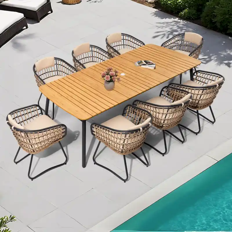 9-PC Outdoor Patio Dining Set Rectangular Aluminum Table with Umbrella Hole with Rattan Chair