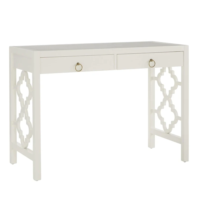2-Drawer Writing Desk with Quatrefoil Design, White / Espresso / Grey, Single