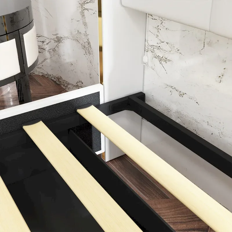 Modern Illuminated Bed Frame with Gold Trim - Chic Upholstered Design