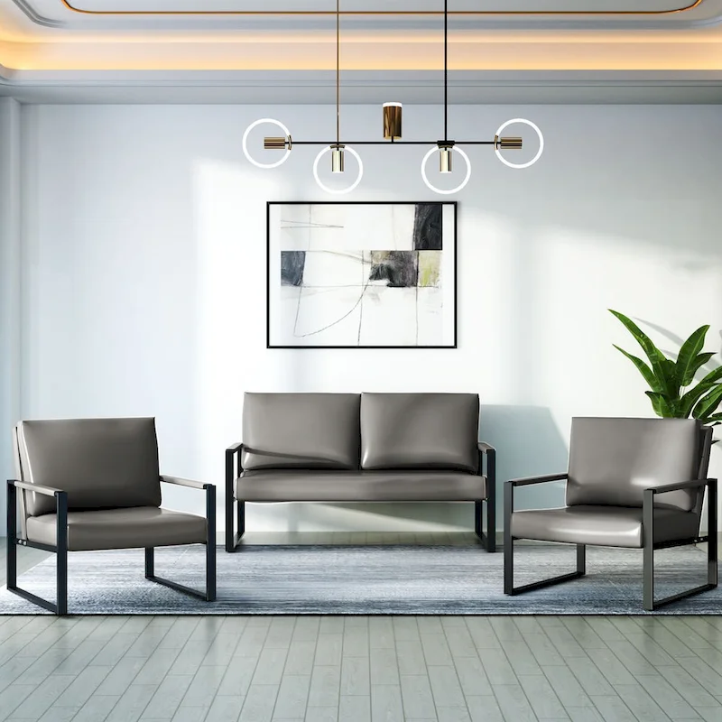 Mid-Century Style 3-Piece PU Leather Living Room Sofa Set Including 2 Armchairs and 1 Loveseat Sofa