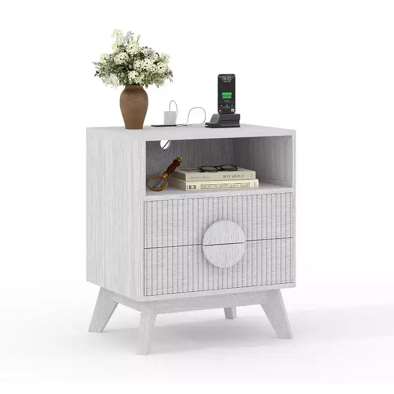 COZONY Modern Fluted Nightstand with Charging Station, Wood Bedside Table with Drawers & Storage Shelf for Living Room Bedroom