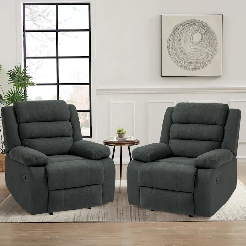 Dark Grey/Beige/Grey Traditional Manual Pushback Recliner Chair Set for 2