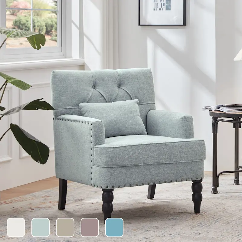 Arm Chair Upholstered Button Tufted Accent Chair with Lumbar Pillow Beige/ Grey/ Light Blue/Brown