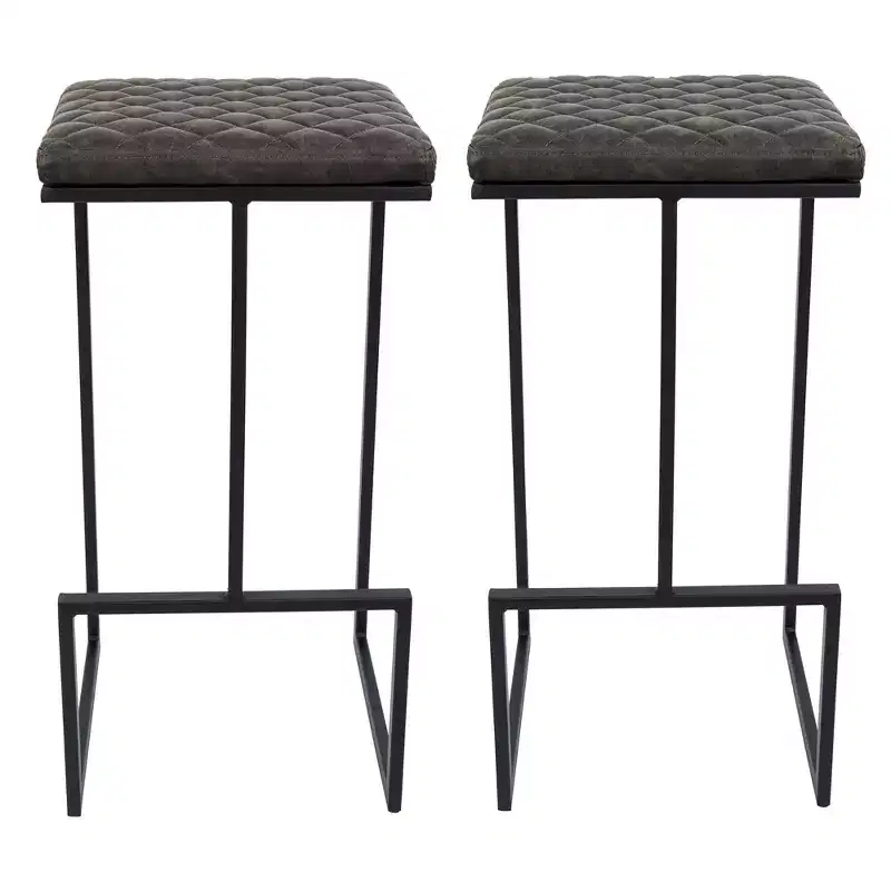 LeisureMod Quincy Modern Quilted Leather Bar Stool  Black Metal Frame Counter Height Chair for Kitchen Island and Counter Seating, Set of 2