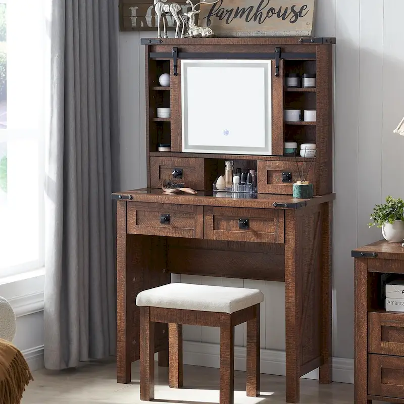 Farmhouse Makeup Vanity Desk, Vanity Dressing Table, Stool Included