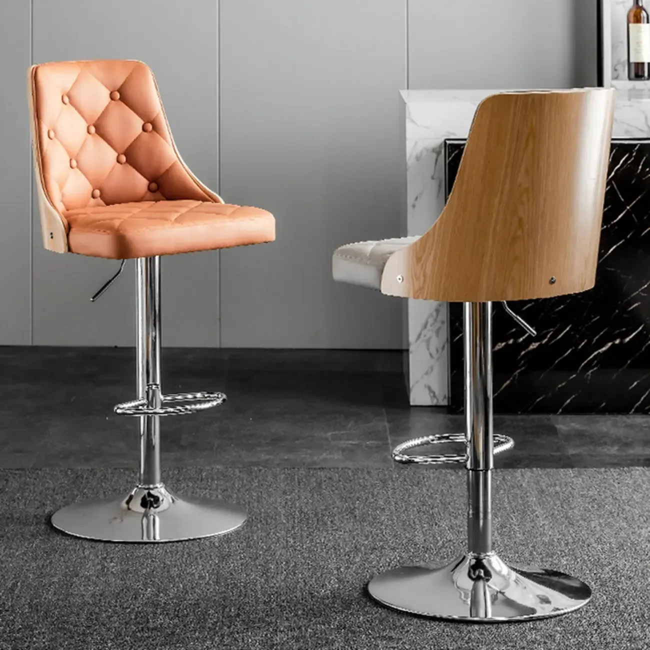 Modern Adjustable Full Back Tufted Leather Bar Stool