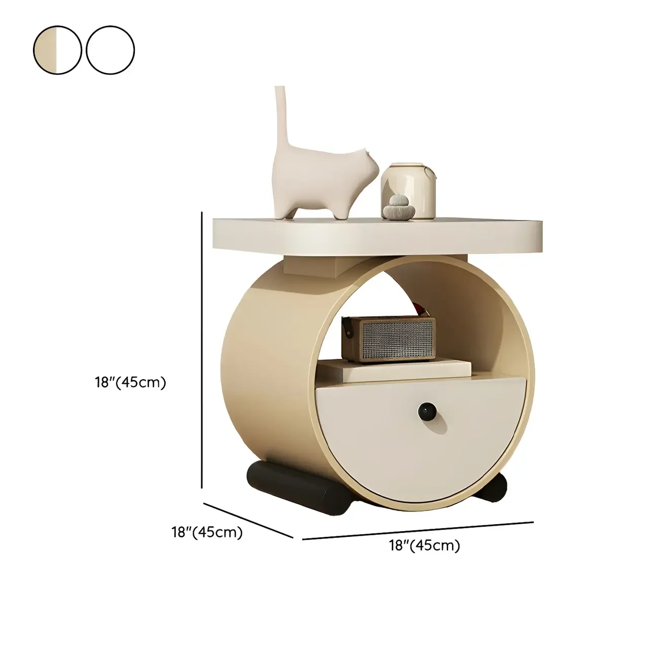 Khaki Beige Round Wooden Nightstand with Shelf & Drawer