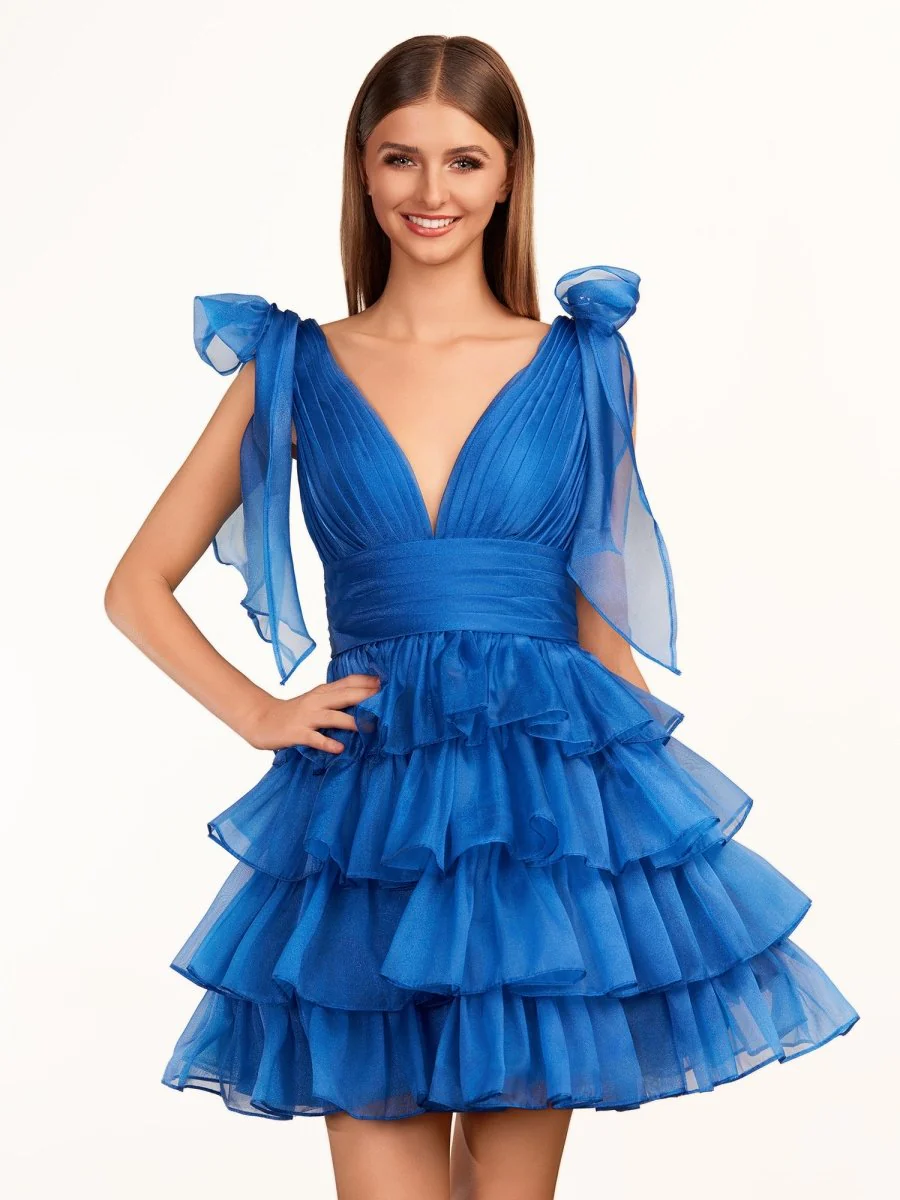 Trendy A-Line Royal Blue Tiered Homecoming Dress with Bow