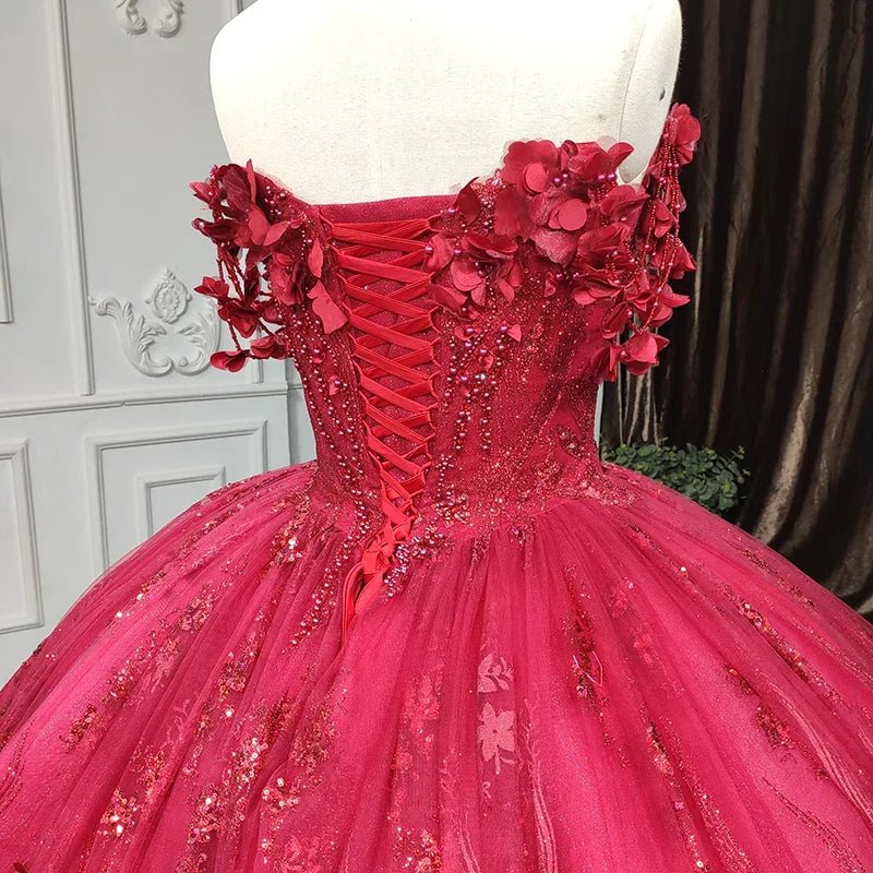 Quinceanera Dress Exquisite Red Pearls Sleeveless 3D Appliques Party Dresses