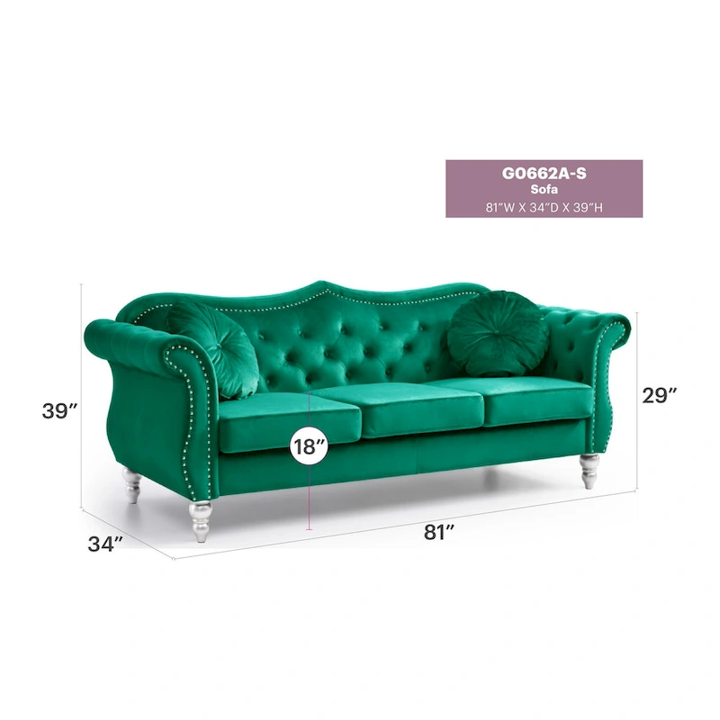 Hollywood 82 in. Velvet Chesterfield 3-Seater Sofa with 2-Throw Pillow - 82L x 35W x 34H