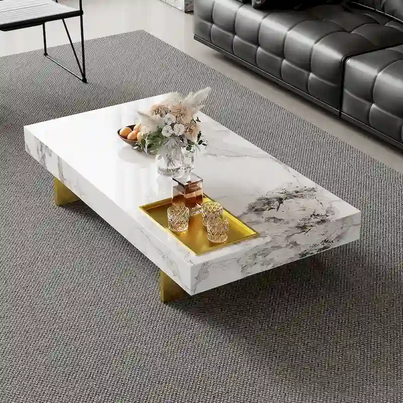 Modern 42 Faux Marble Square Coffee TableGlossy Sintered Stone Tabletop