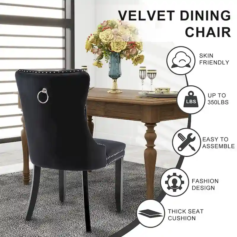 Velvet Dining Chairs, Tufted Solid Wood Armless Chairs Accent Chair with Nailhead Trim and Back Ring Pull