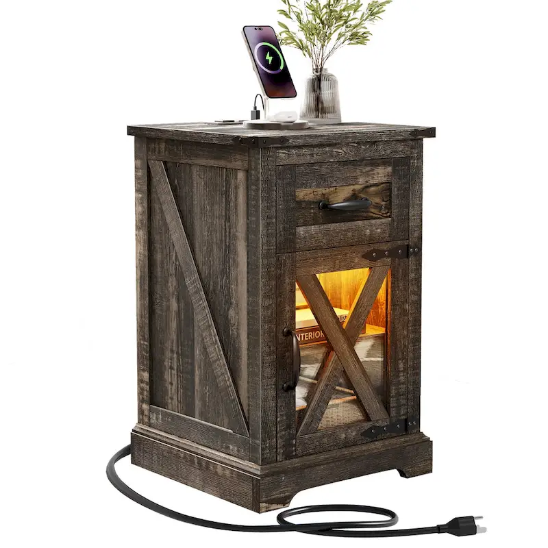 Moasis LED End Table with Shelf and Drawer, Side Table with Charging Station Power Outlet