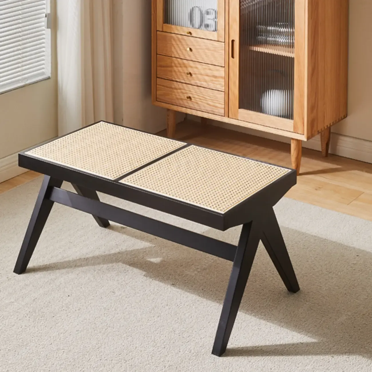 Elegant Rattan Top Finish Wooden Rectangular Cherry Benches