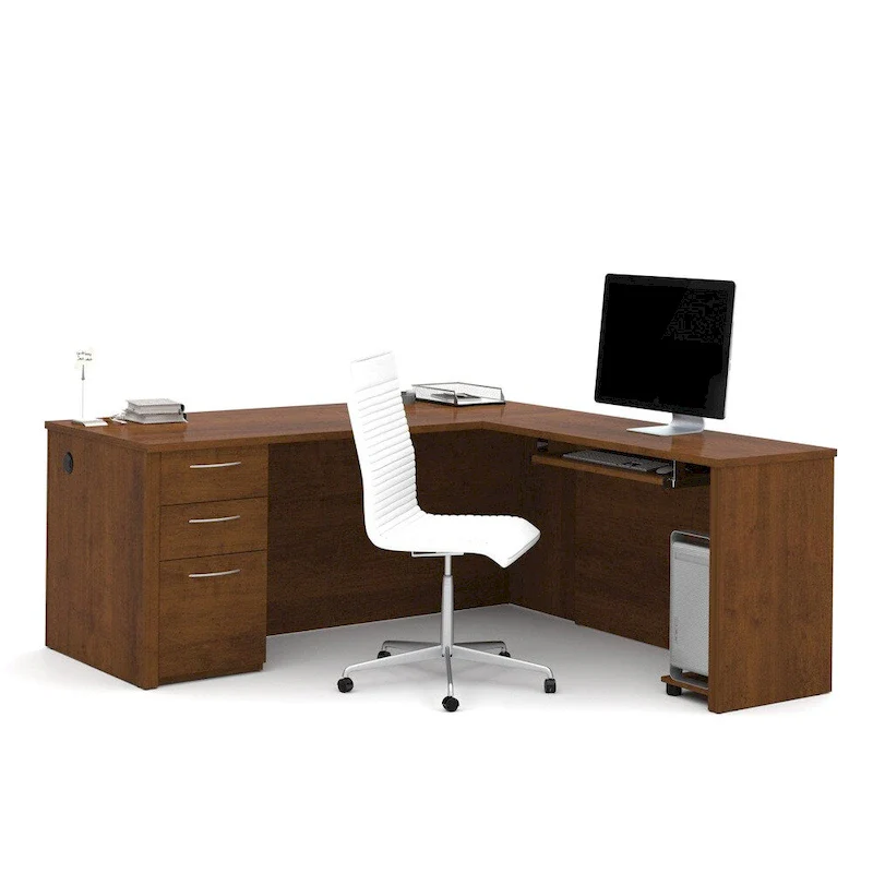 Brown L-Shaped Desk with Keyboard Tray and 3 Drawers