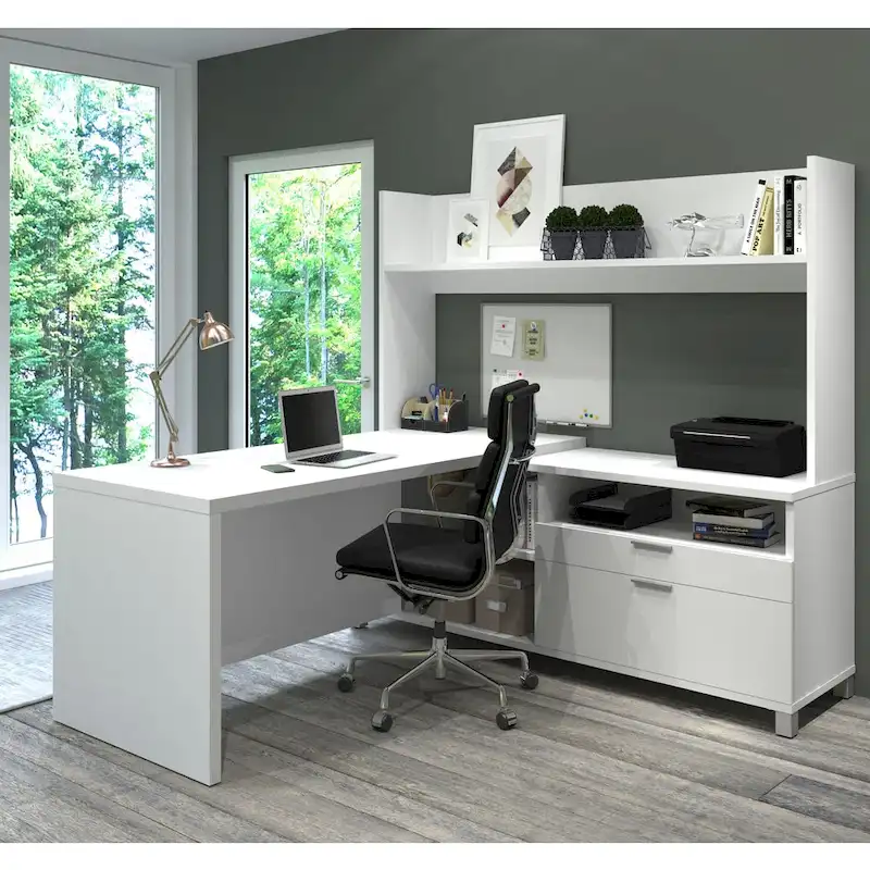 White / Walnut Grey L-Shaped Desk with Open Hutch, Single-Person