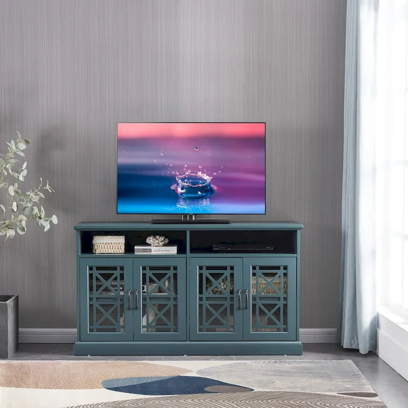Blue & Black Buffet Sideboard Cabinet with Glass Doors, 2-Person Household