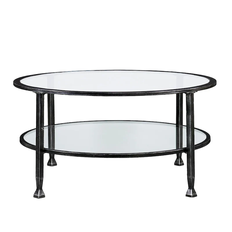 Glenn Distressed Black Metal Round Coffee Table with Glass Top and Shelf
