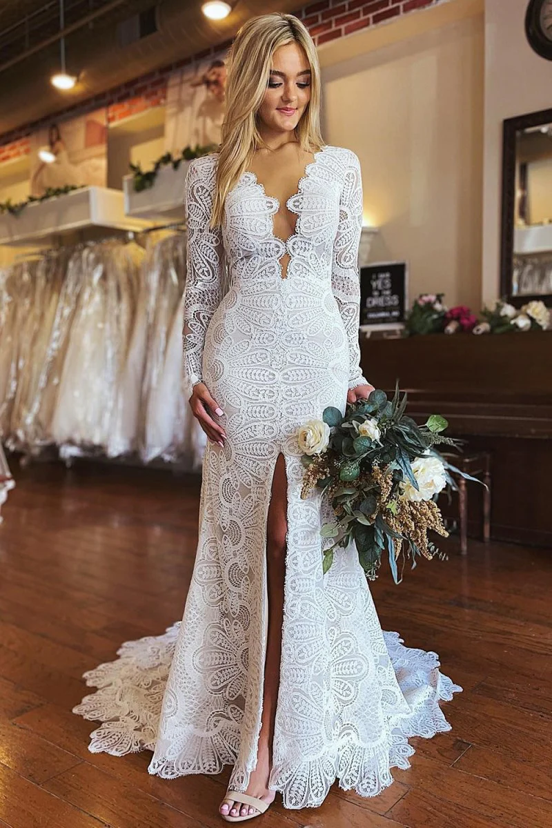 White Mermaid Boho Long Lace Wedding Dress with Sleeves