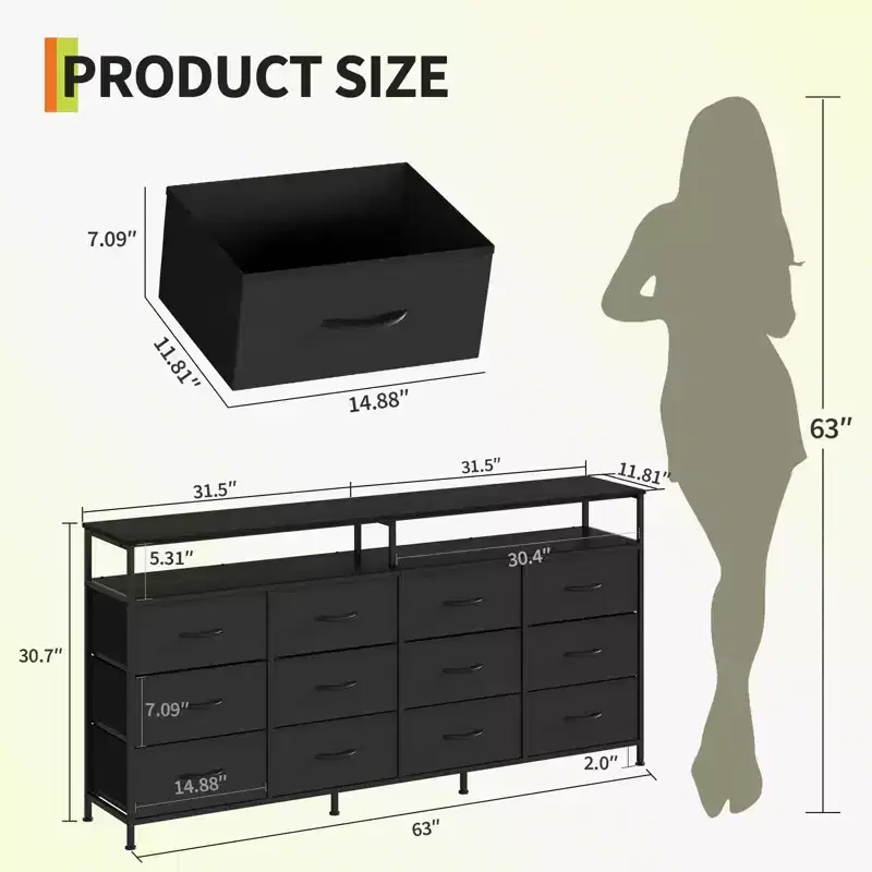 63 Long Dresser with 12 Drawers, TV Stand for 55/65/70 Inch TV, Fabric Dresser TV Stand for Bedroom Living Room, Chest of Drawers with Open Shelves
