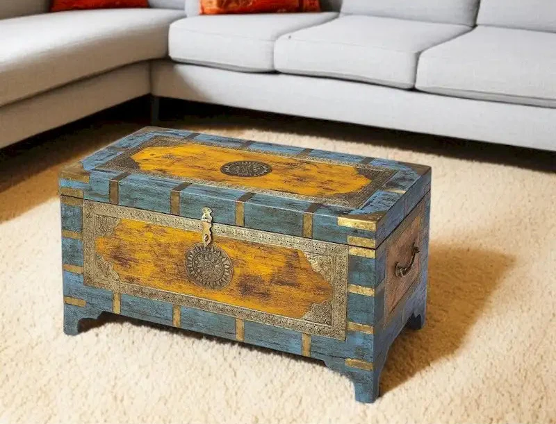 Hand Painted Brass Inlay Storage Trunk
