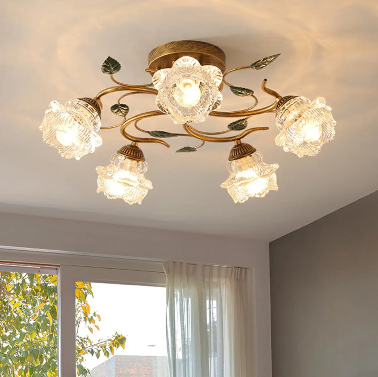 Vintage 5-Light Brass Glass Flower Semi-Flush Ceiling Light