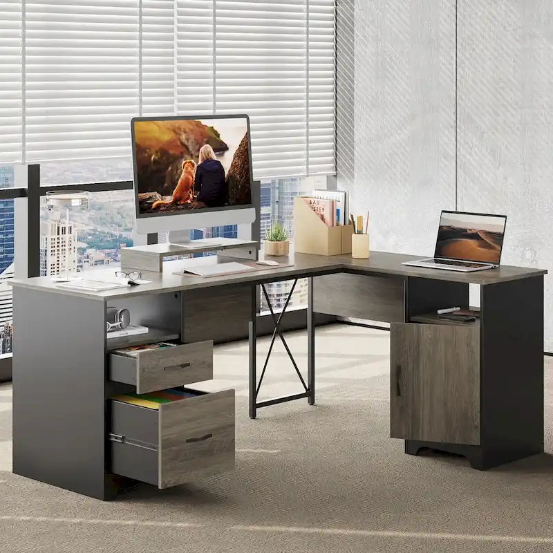 63 L-Shaped Desk with Storage and Monitor Stand