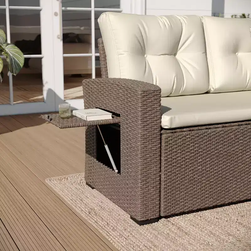 Merrick Lane Indoor/Outdoor L-Shaped Sofa/Dining Table Conversation Set with Wicker Rattan Construction and Weather-Resistant Cushions