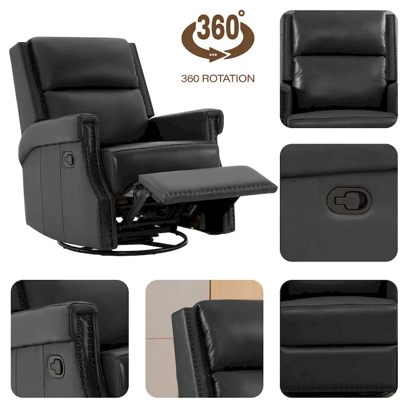 Genuine Leather Manual Rocking Recliner with 360-degree Metal Swivel Base