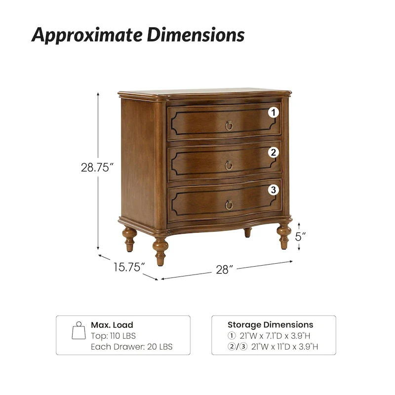 Traditional-Style Three-Drawer Nightstand (Solid Wood Spindle Legs)