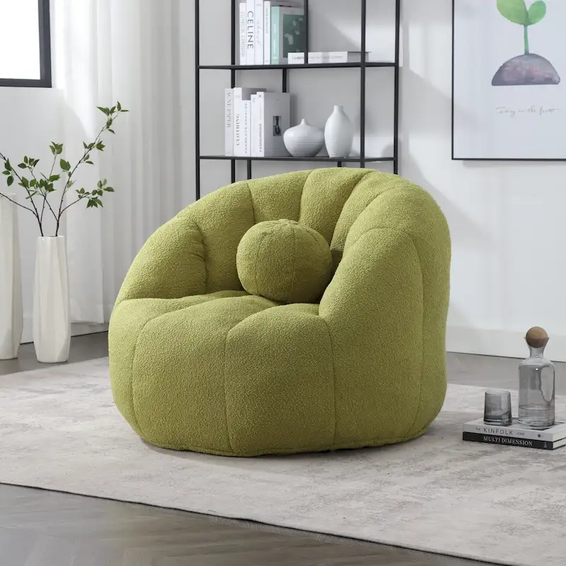 Boucle Upholstered Round Lazy Cozy Bean Bag Chair With a Pillow