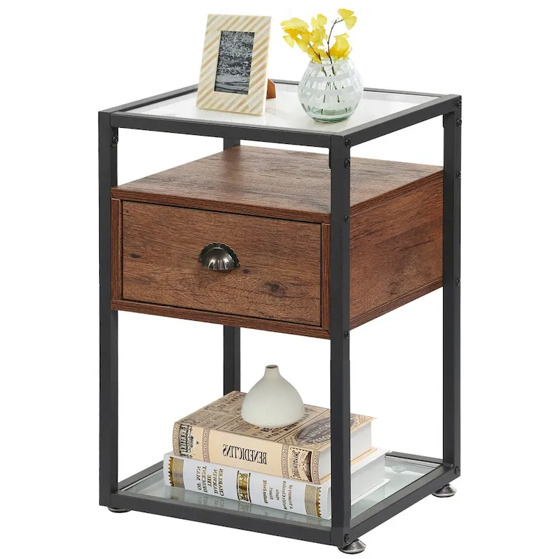 VECELO (Set of 2) Modern 1-Drawer Nightstand with 2-tier Glass Shelves