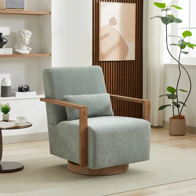 Pale Green Linen Blend 360° Swivel Accent Chair, Retro Style, 1-Seat