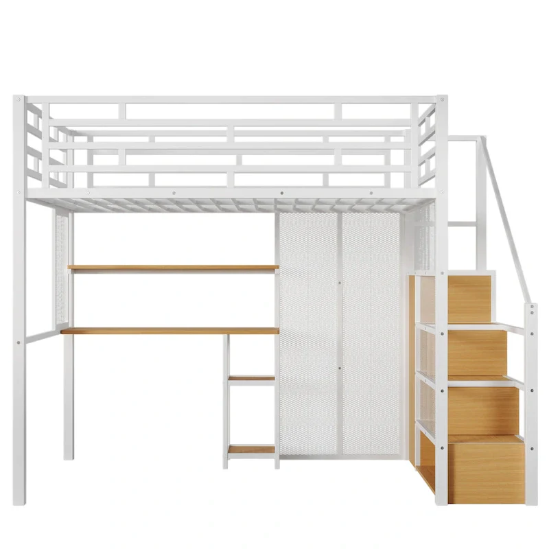 White Full Size Metal Loft Bed with Wardrobe, Desk & Storage — 1-Person