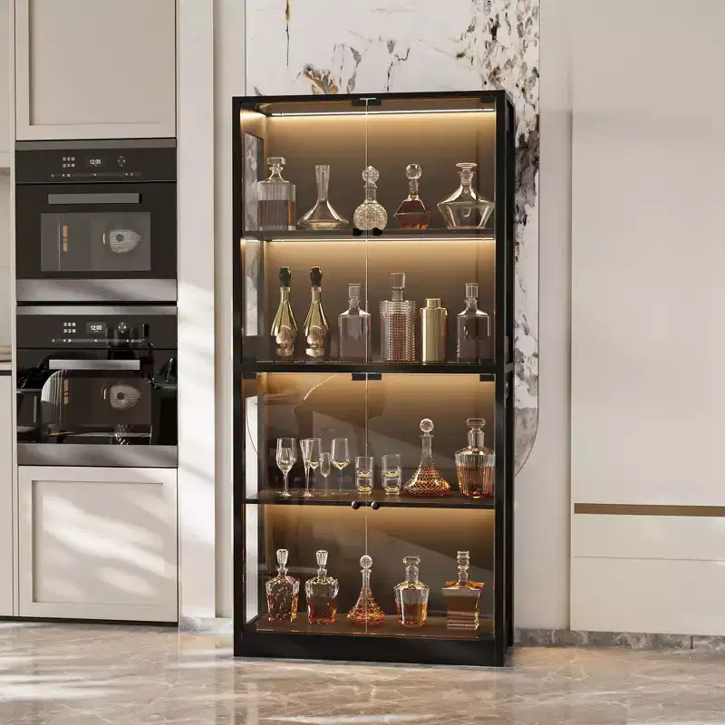 Famapy 31.5x65 Tempered Glass Curio Cabinet with Motion Sensor Lights 4-Door Tall Black Display Case Bookcase Bookshelf Sideboard Pantry
